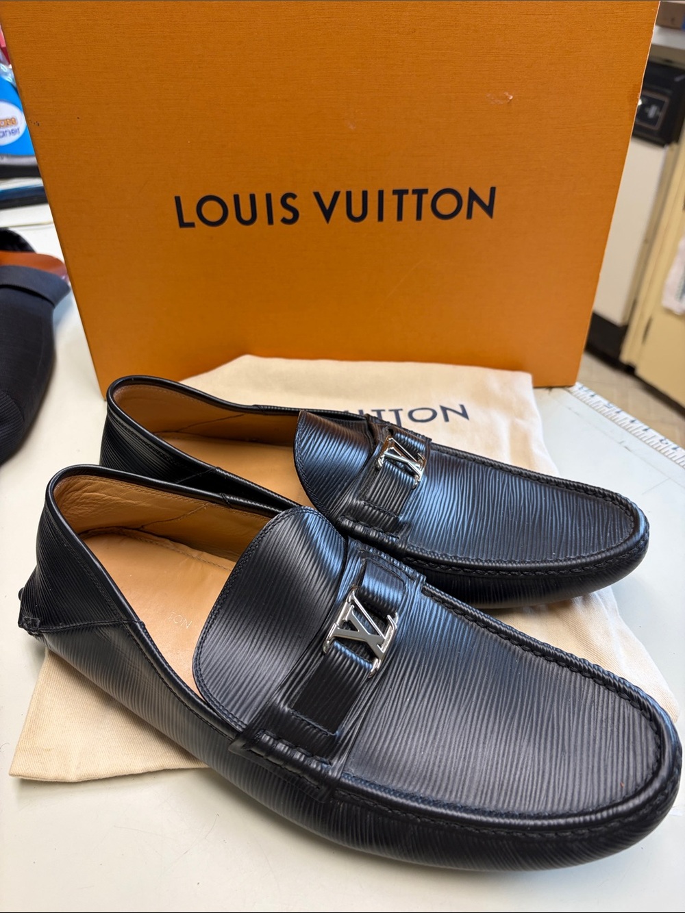 Louis Vuitton Black Epi Leather LV-Buckle Slip-On Loafers Sz. 9.5